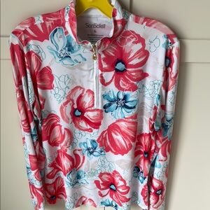 Golf San solei. Women's Floral Long Sleeve Tee - Red and Blue. Upf50